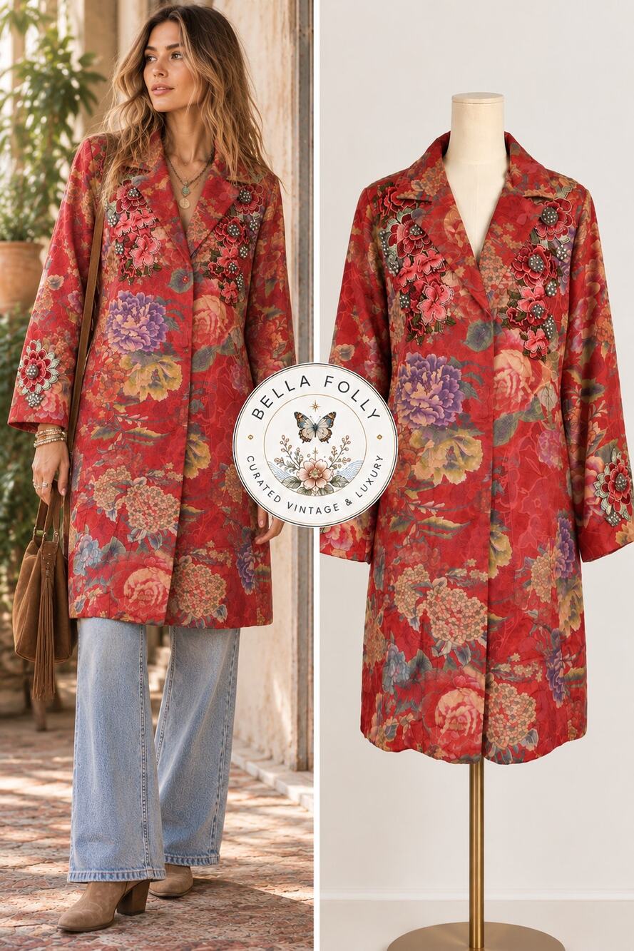 Johnny Was BIYA Lodi Red Floral Wool Embroidered Tapestry Coat Large NWOT Bling